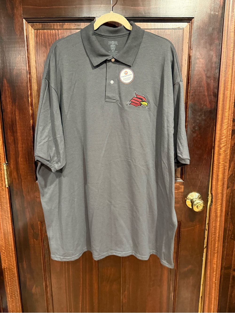 Mens Gray Polo Shirt with Wheeling Jesuit Cardinal Logo